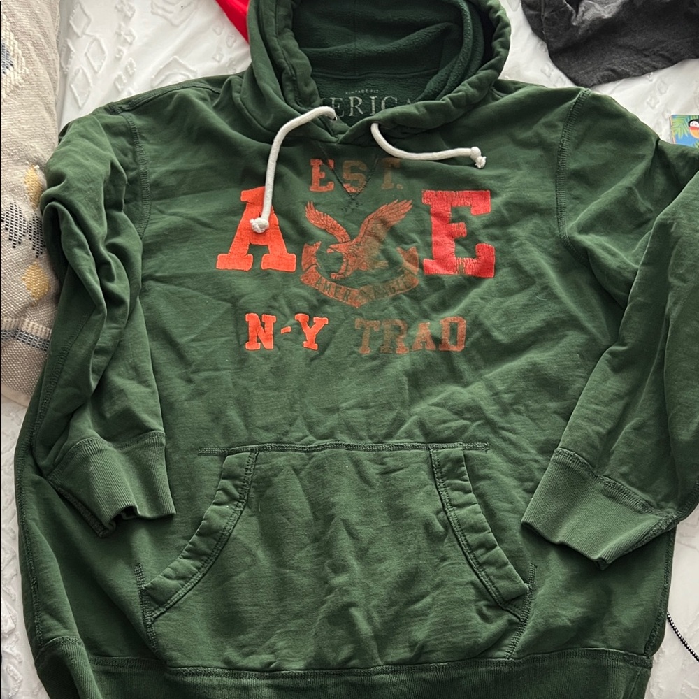 American Eagle Outfitters Green Hoodie with Red and Brown Accents